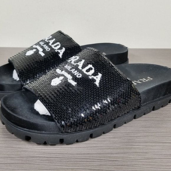 PRADA Logo Sequin Slide Sandal, Black, Womens Size 7.5US / 37.5EU - Picture 1 of 11